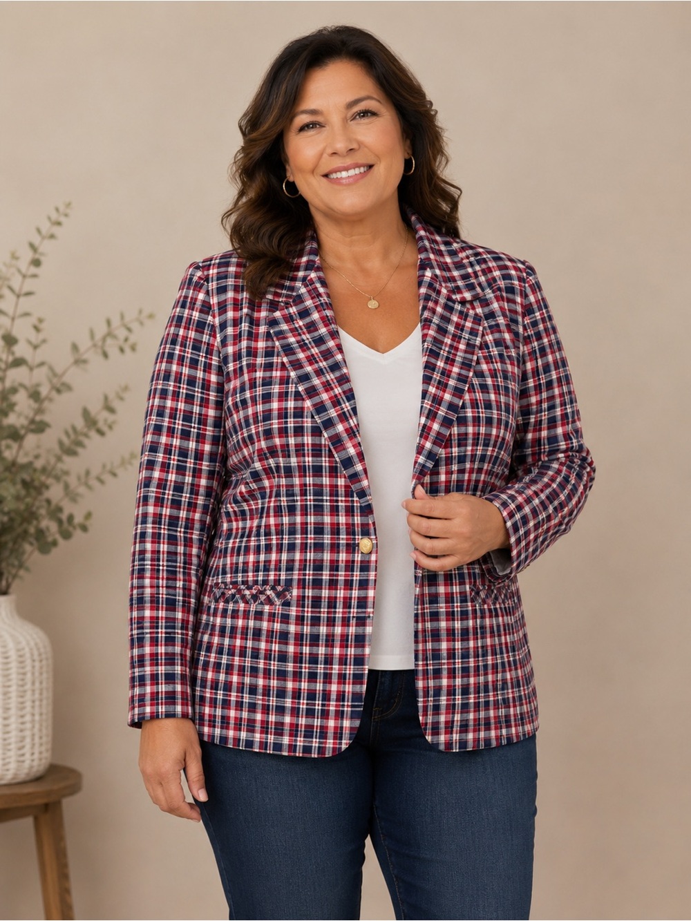 Vintage Women's 100% cotton Plaid Single-Button Blazer Jacket - Red & Navy L
